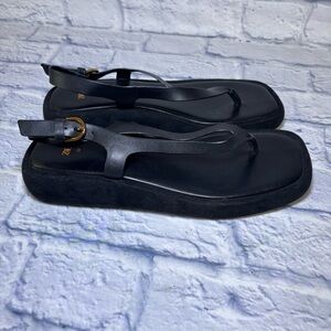 Zara Leather Thong Slingback Flatform  Sandals 8.5/39 square toe minimalist